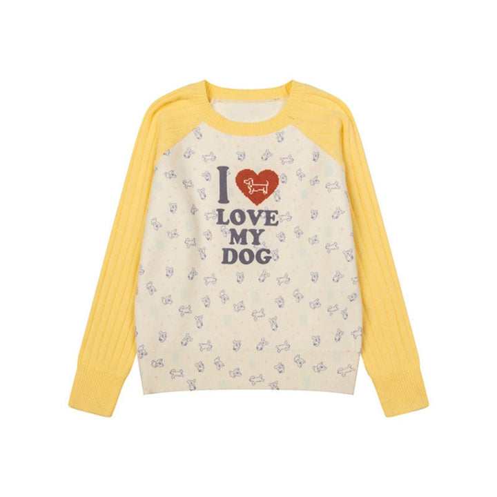 Women's knitted raglan sweater with heart dog motif, ribbed sleeves and all-over print Mune Fashion