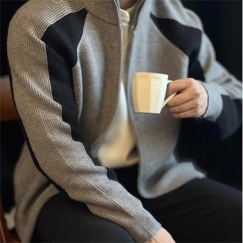 Men's knit zip jacket with contrast panels, stand-up collar and distinctive ribbed texture Mune Fashion