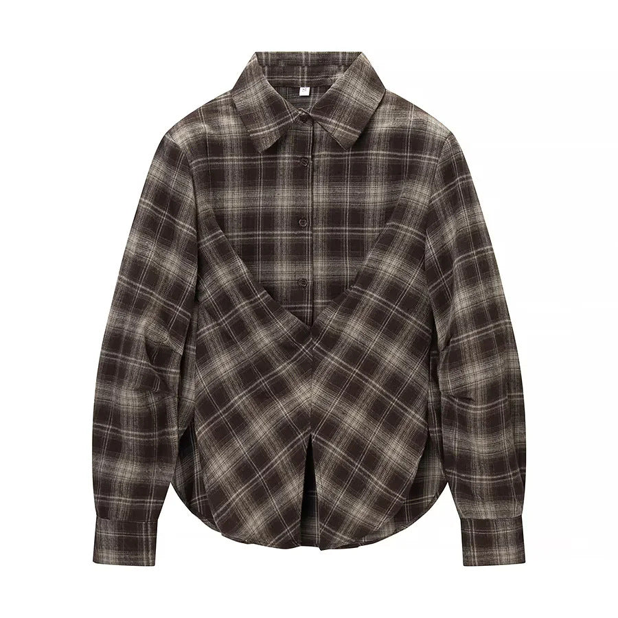 Women's overlapping check blouse with V-front, crossover hem and cuffs Mune Fashion
