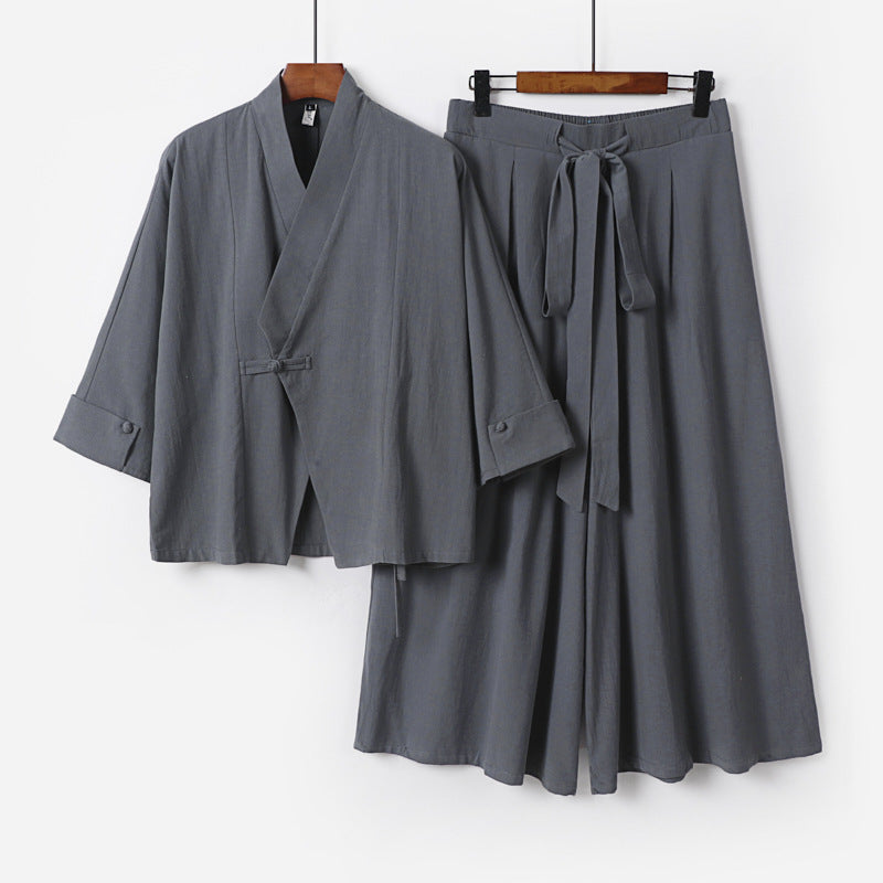 Women's Lightweight Kimono Loungewear Set with V-Neck Three-Quarter Sleeves and Wide Palazzo Pants Mune Fashion