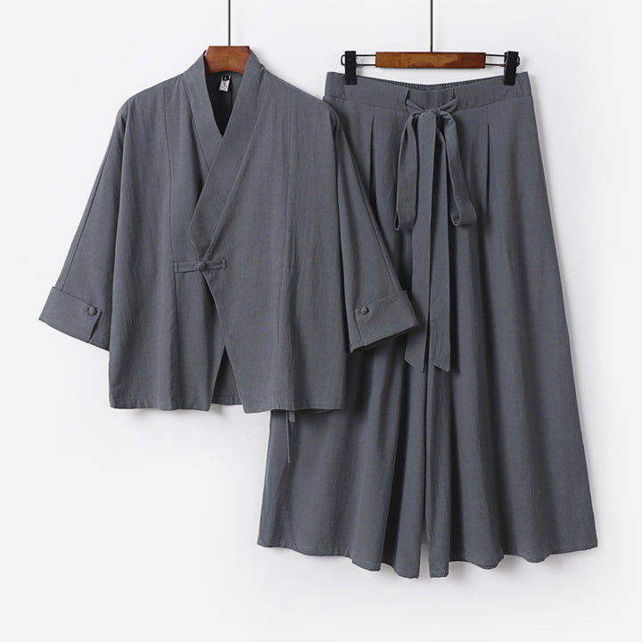 Women's Lightweight Kimono Loungewear Set with V-Neck Three-Quarter Sleeves and Wide Palazzo Pants Mune Fashion