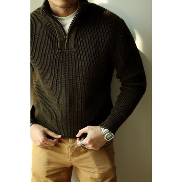 Men's Coarse Ribbed Half-Zip Knit Sweater with Stand-Up Collar Mune Fashion