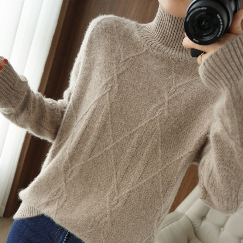 Women's Soft Mohair-Look Sweater with High Ribbed Collar, Cable Knit Pattern, and Boxy Oversized Fit Mune Fashion