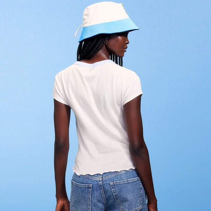 Women's ruffled cotton shirt with sporty Argentina print and ruffle trim Mune Fashion