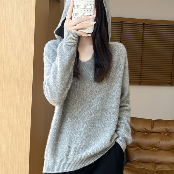 Women's Soft Mohair-Optic Hooded Sweater with V-Neck and Ribbed Hem