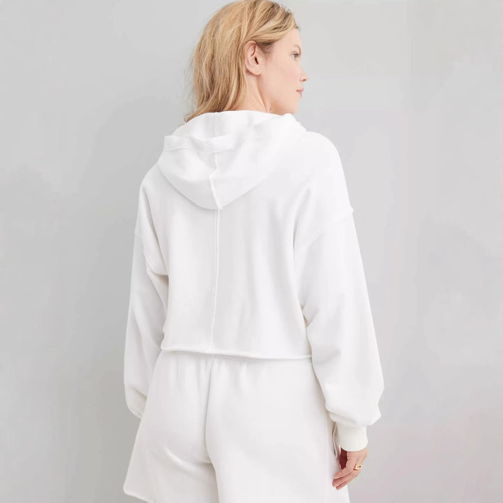 Women Oversize Hooded Sweatshirt with Deep V-Neck, Open Placket and Raw Hem Mune Fashion
