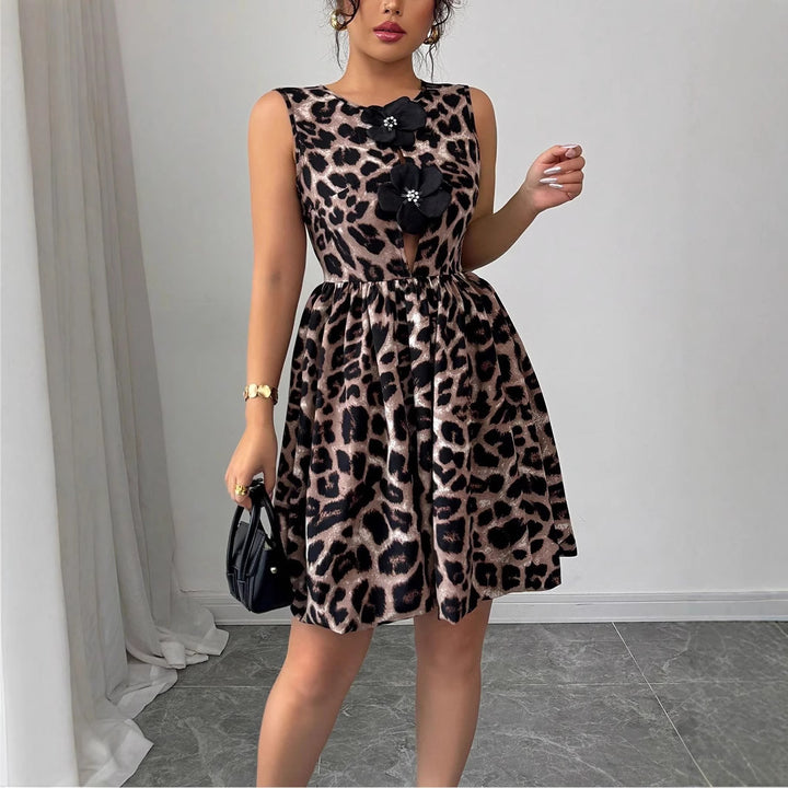 Women Nan short party dress with leopard print, floral appliqués and fitted balloon skirt Mune Fashion