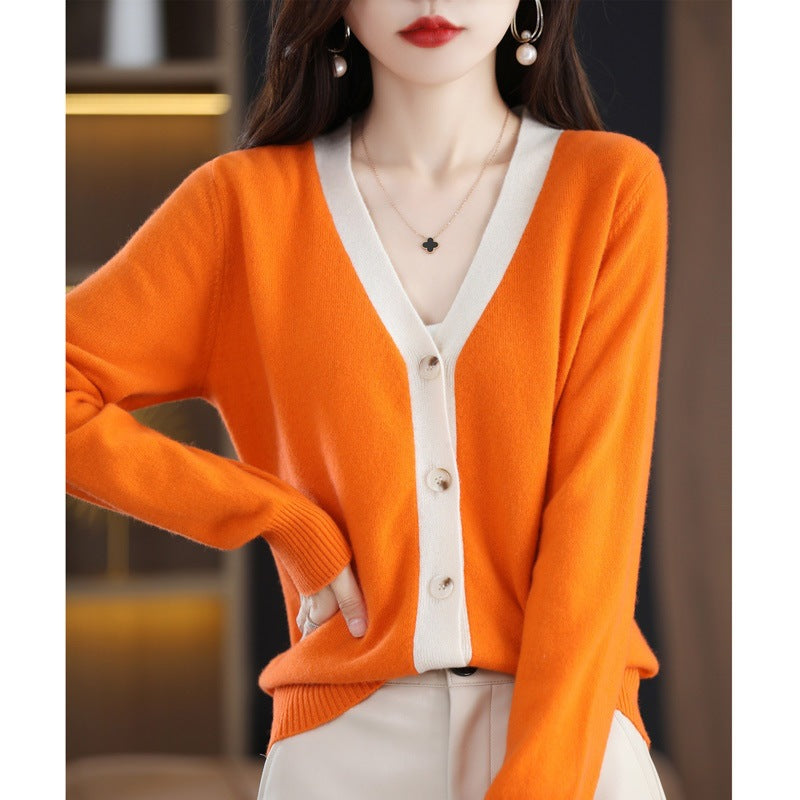 Women Contrast Trim V-Neck Fine Knit Cardigan with Mother-of-Pearl Buttons Mune Fashion