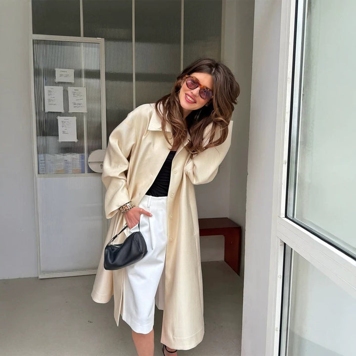 Women Lightweight Satin-Effect Long Coat with Boxy Oversize Silhouette Mune Fashion