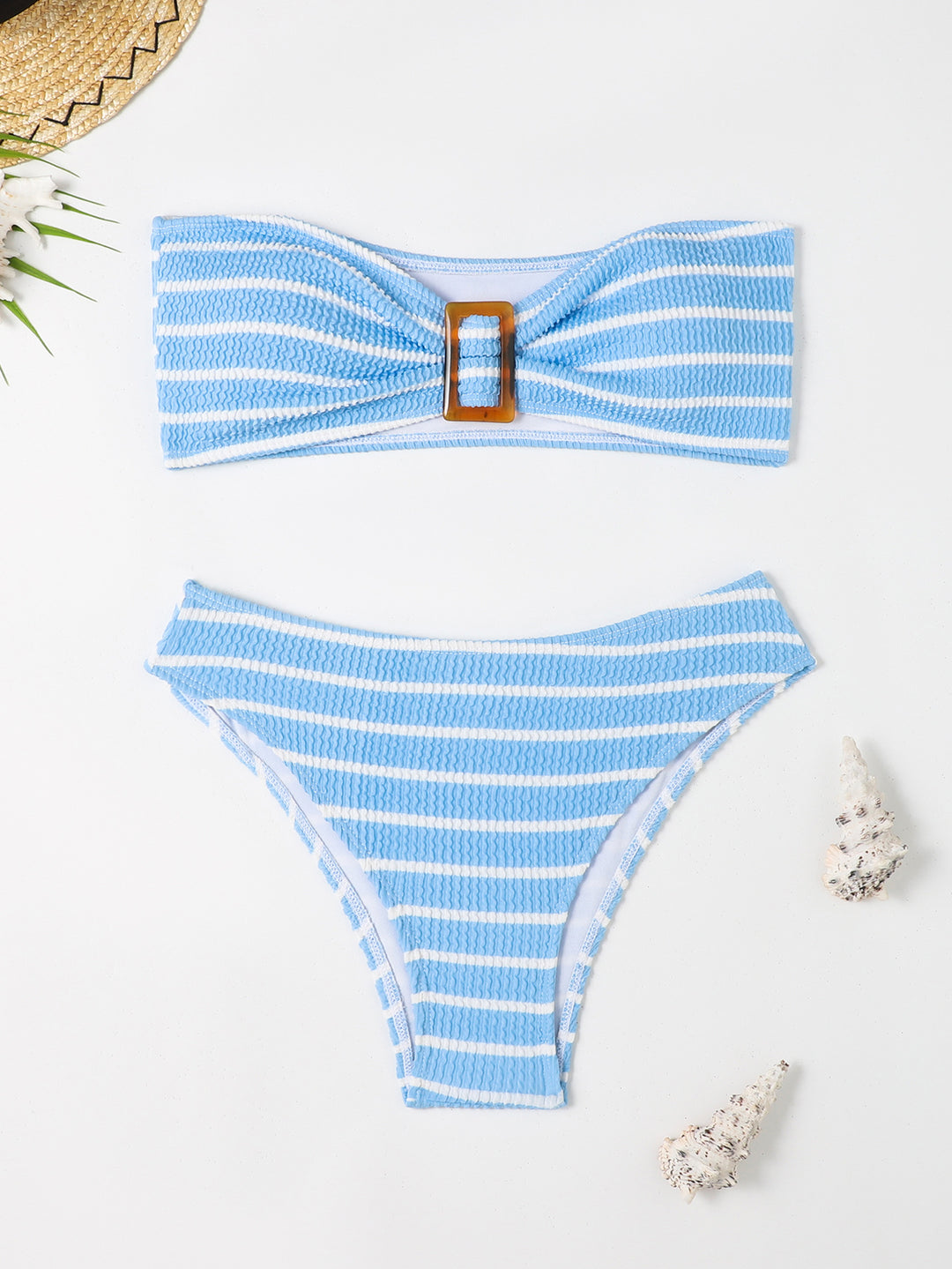 Women's bandeau bikini with a stylish striped pattern and decorative buckle Mune Fashion