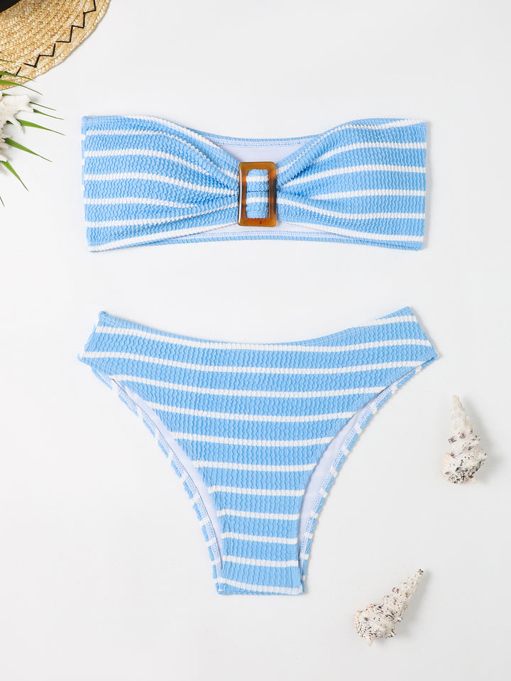 Women's bandeau bikini with a stylish striped pattern and decorative buckle Mune Fashion