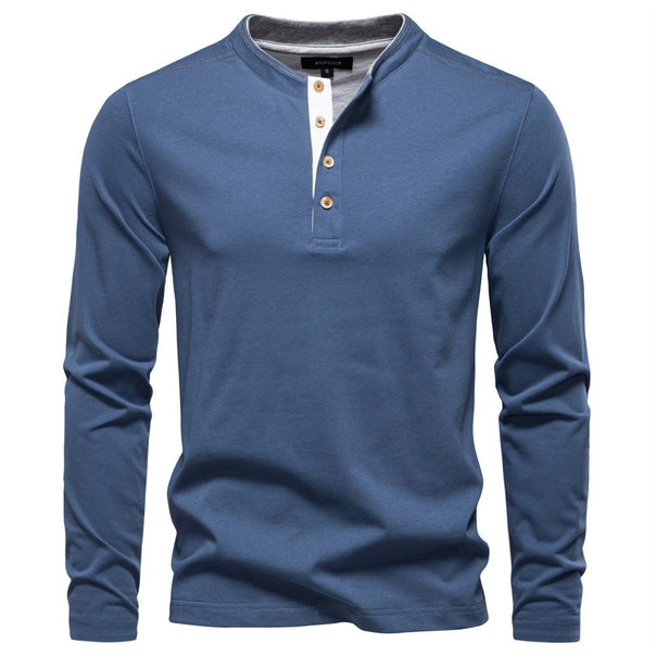 Men's navy cotton long-sleeve shirt with short button placket and stand collar Mune Fashion