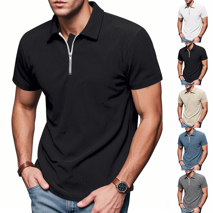 Men's short-sleeved polo with a short zipper at the collar and fine ribbed texture Mune Fashion