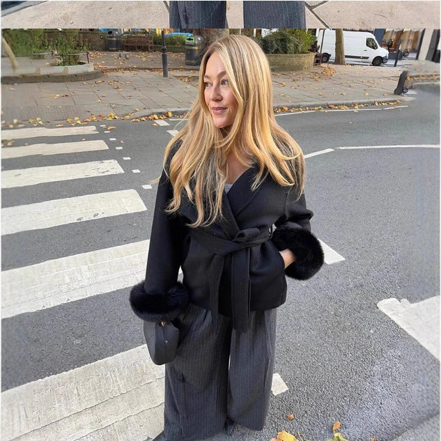 Women's fitted coat with belt tie, shawl collar and voluminous faux fur cuffs Mune Fashion