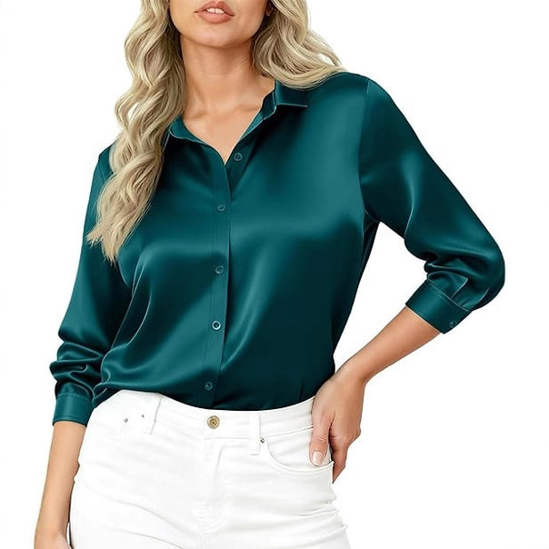 Women’s Silky Satin Blouse Shirt with Shirt Collar and Three-Quarter Sleeves Drune