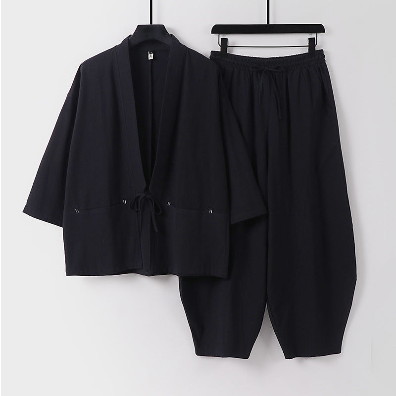 Unisex Modern Kimono Lounge Set made of soft cotton blend with short jacket, drawstring pants and ruffled ankles Mune Fashion