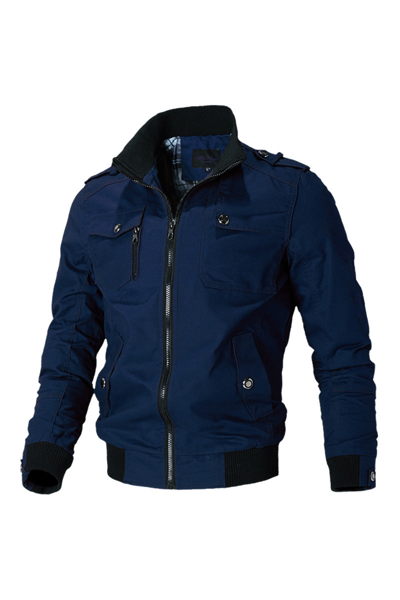 Men's short bomber jacket with stand-up collar, concealed zipper and multiple pockets.