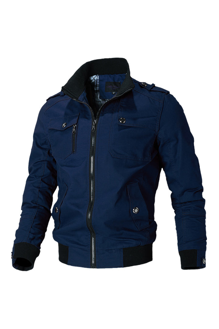 Men's short bomber jacket with stand-up collar, concealed zipper and multiple pockets.