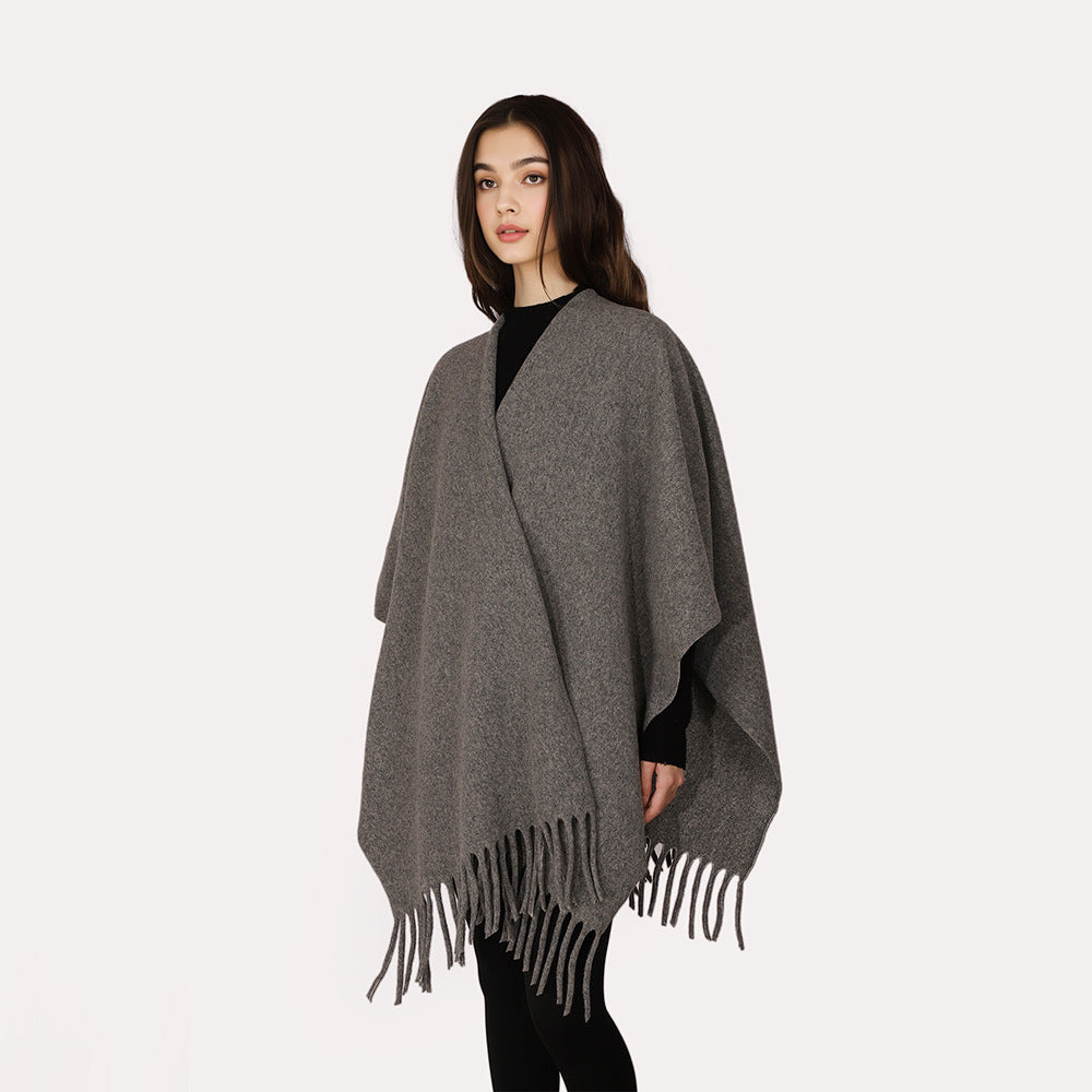 Women's Open Wool Blend Cape-Style Throw with Fringe Hem Mune Fashion