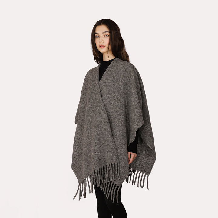 Women's Open Wool Blend Cape-Style Throw with Fringe Hem Mune Fashion
