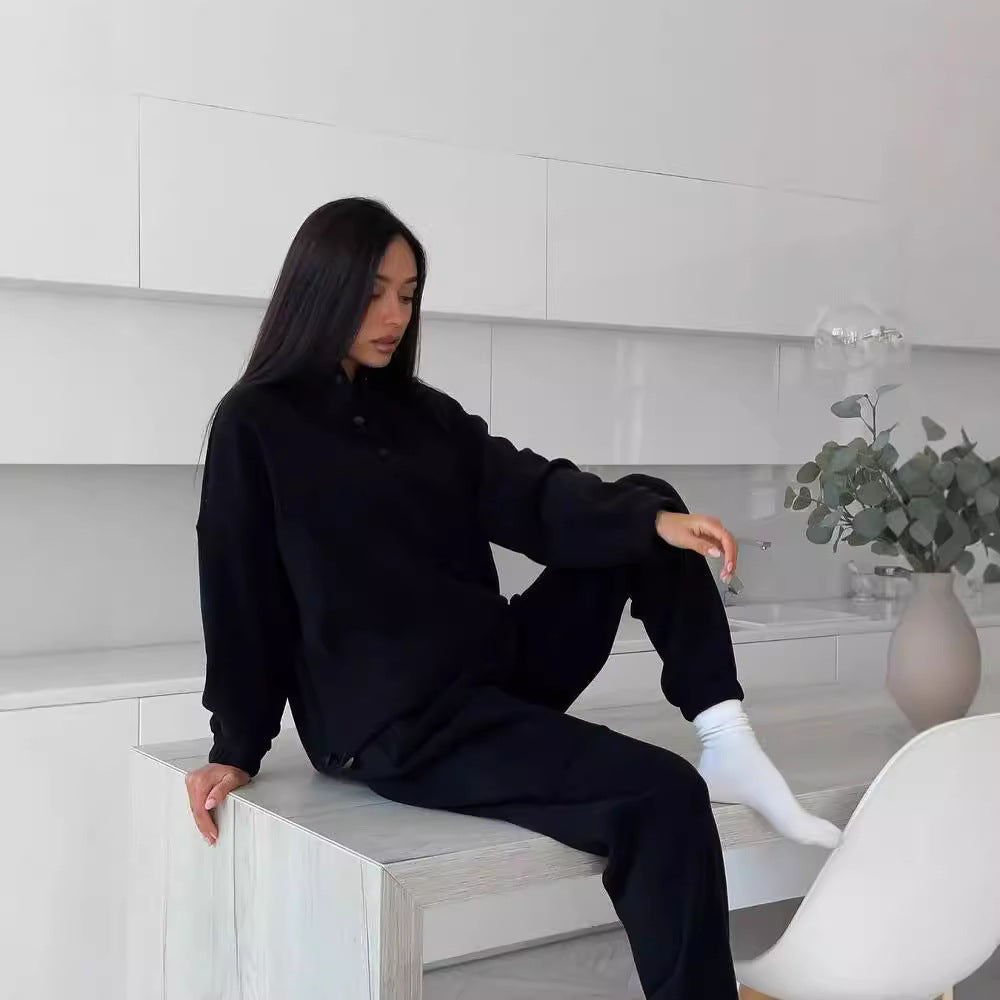 Women's Oversized Fleece Set with Henley Collar and Soft Jogging Pants Mune Fashion