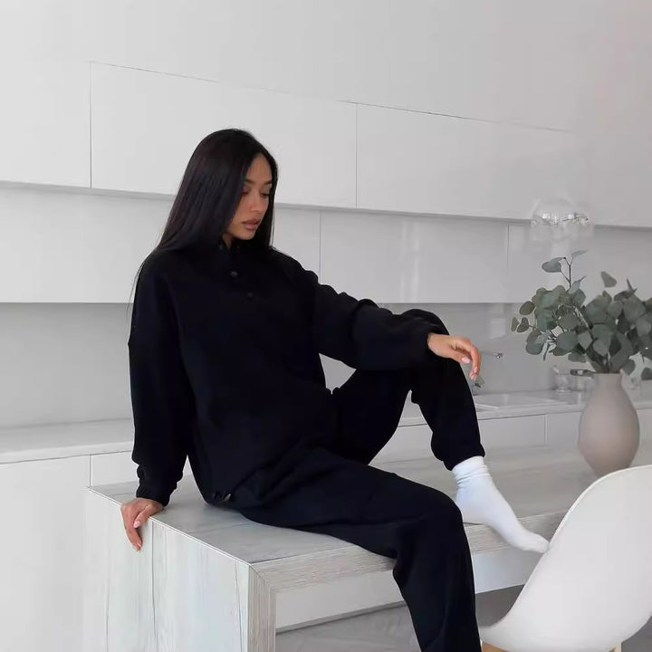 Women's Oversized Fleece Set with Henley Collar and Soft Jogging Pants Mune Fashion