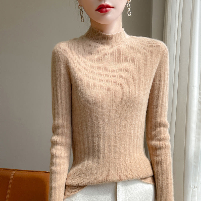 Women's slim-fit fine knit pullover with a short standing collar and fine ribbed texture Mune Fashion