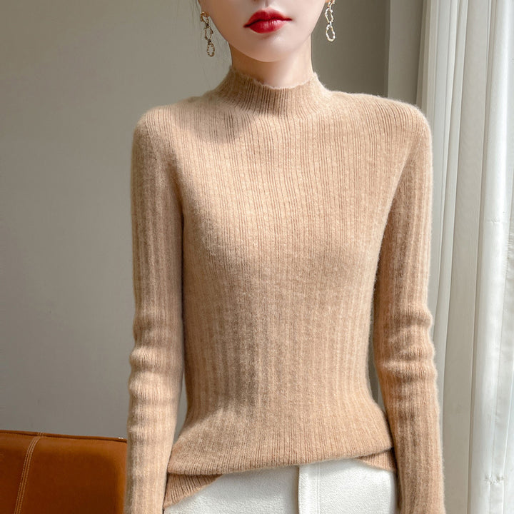 Women's slim-fit fine knit pullover with a short standing collar and fine ribbed texture Mune Fashion