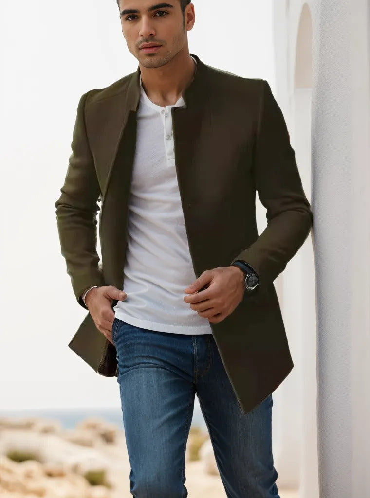 Men's Stand-Up Collar Longline Coat in Slim Fit with Hidden Button Placket Mune Fashion