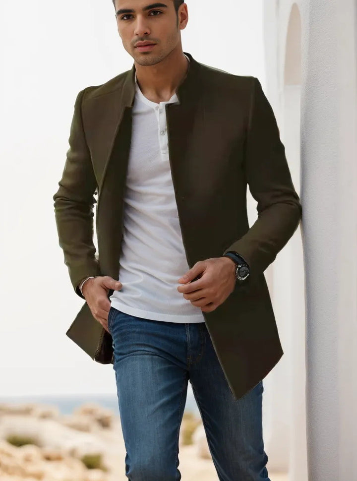 Men's Stand-Up Collar Longline Coat in Slim Fit with Hidden Button Placket Mune Fashion