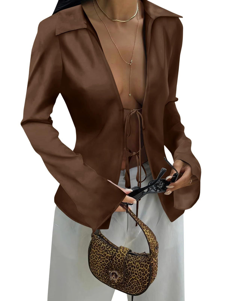 Women's blouse with deep V-neckline and tie ribbons tailored fit flared sleeves Mune Fashion