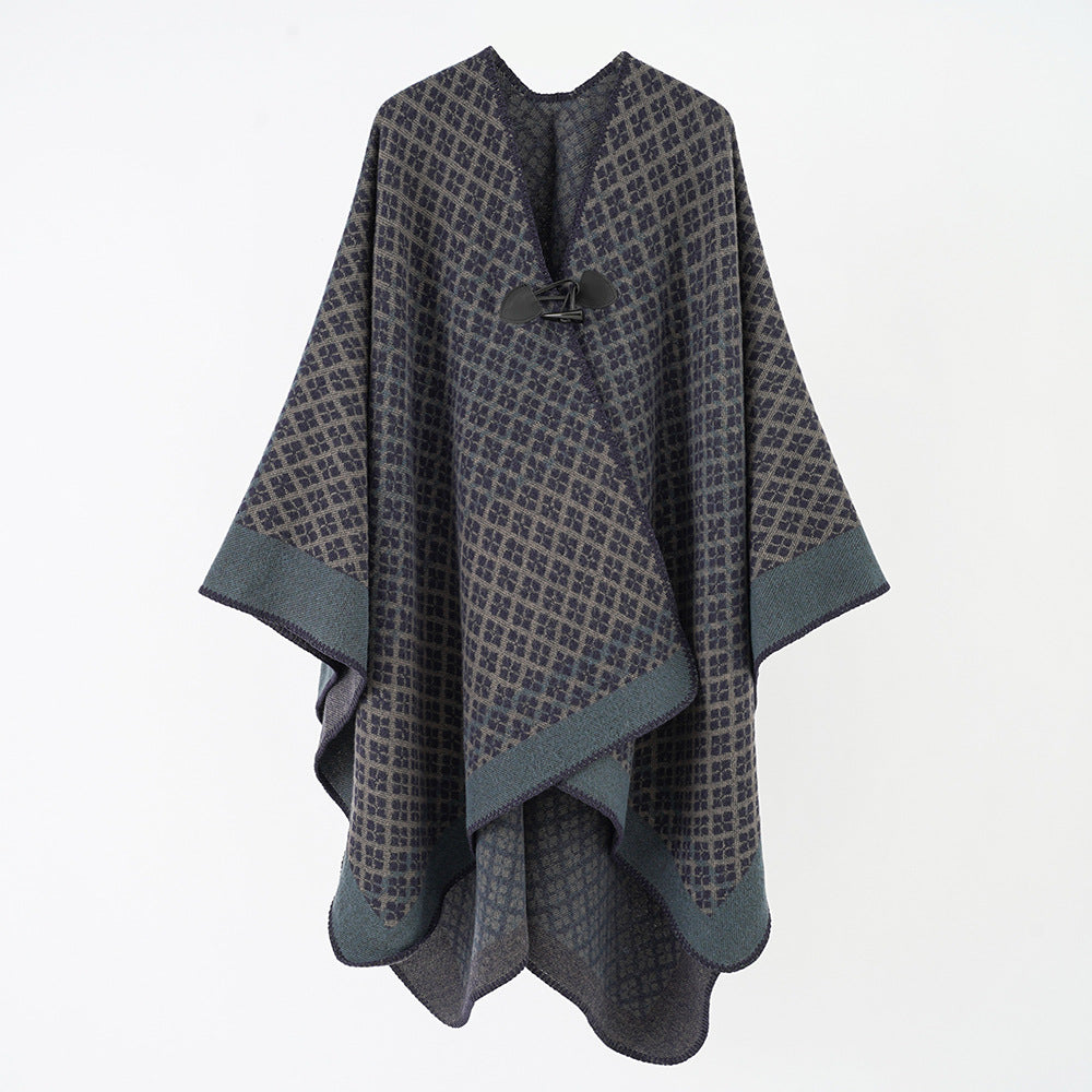 Women's Wool Blend Poncho with Jacquard Pattern and Toggle Closure Mune Fashion