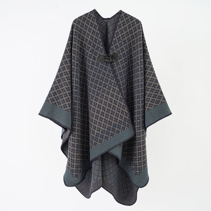 Women's Wool Blend Poncho with Jacquard Pattern and Toggle Closure Mune Fashion