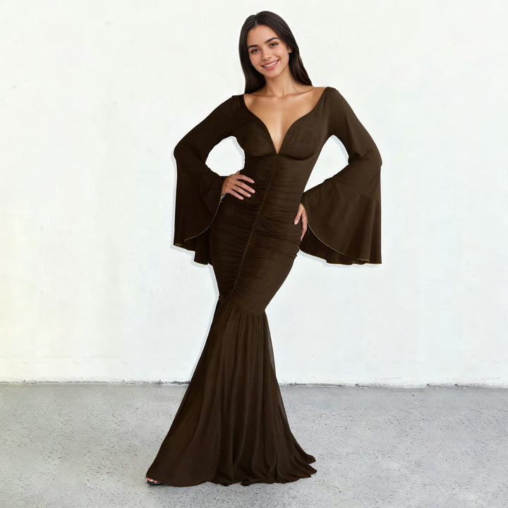 Women’s gathered maxi dress with V-neck, trumpet sleeves, and tiered ruffle Mune Fashion