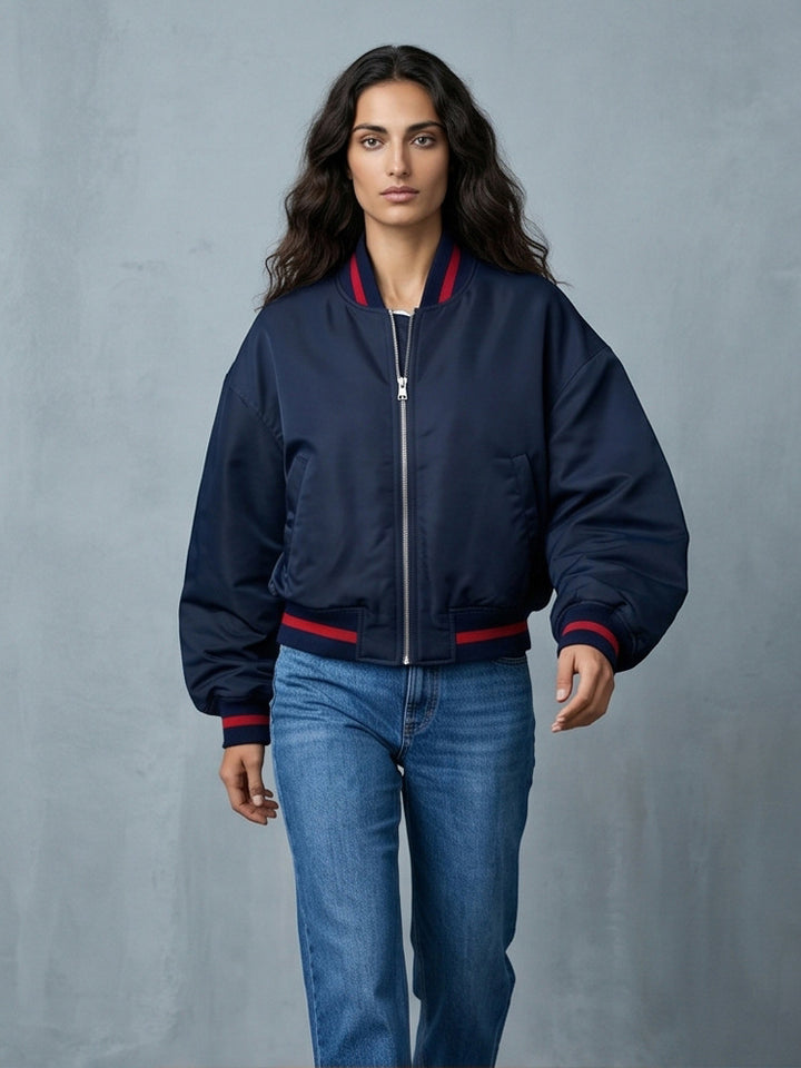 Women's Short Cut Oversized Bomber Jacket with Voluminous Sleeves and Ribbed Cuffs Mune Fashion