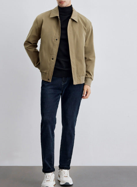 Men's light bomber jacket with shirt collar, concealed snap button placket, and elastic cuffs Mune Fashion
