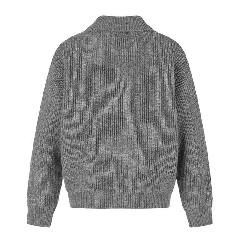 Women's chunky knit zip jacket with shirt collar and decorative buttons Mune Fashion