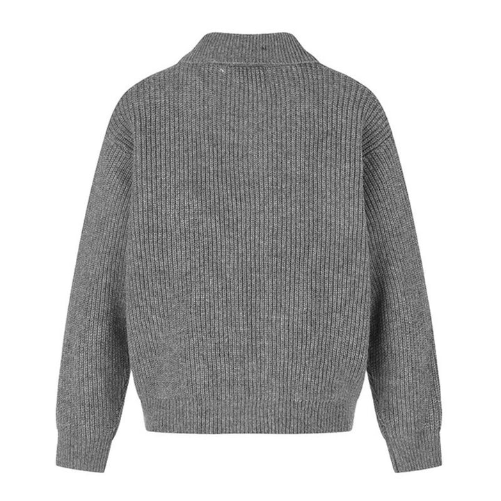 Women's chunky knit zip jacket with shirt collar and decorative buttons Mune Fashion