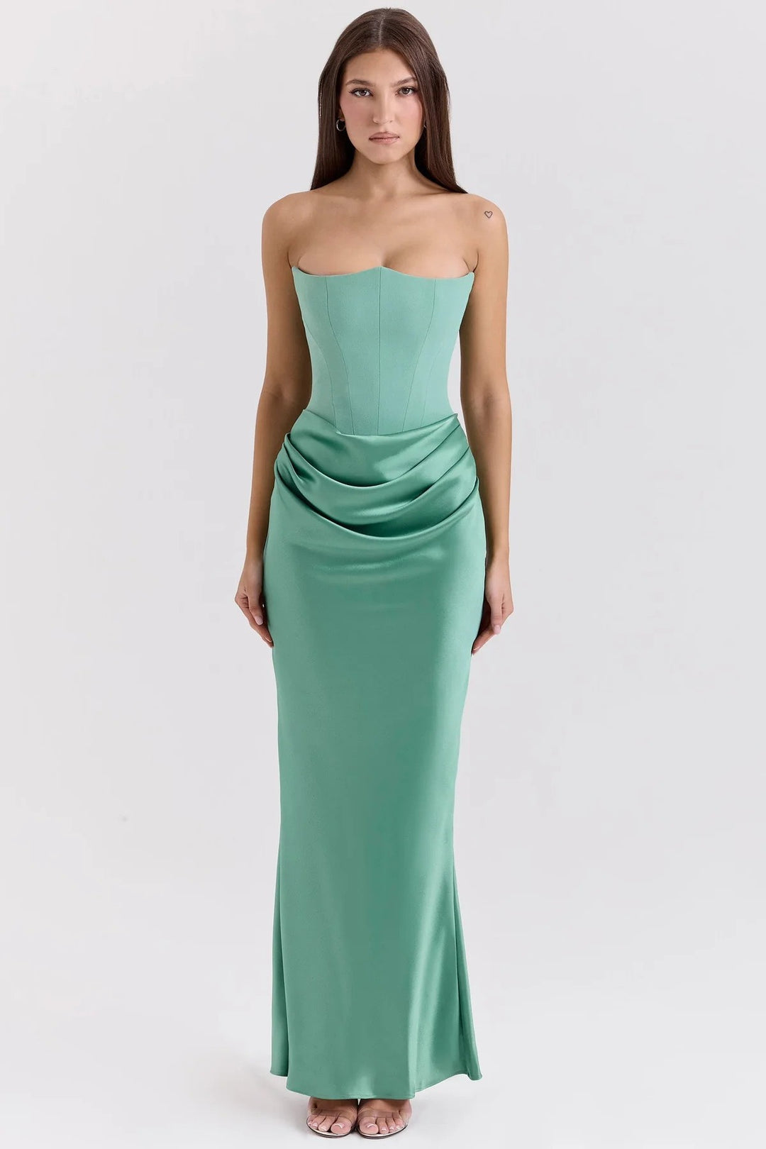 Women's strapless corset evening dress with contoured bodice construction and elegant hip draping Mune Fashion