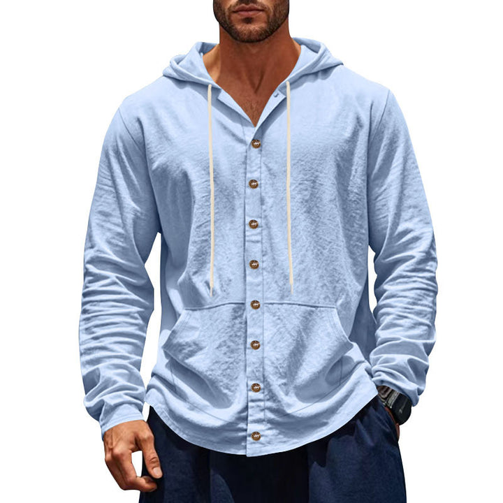 Men's slim-fit hoodie cardigan with full button placket, mounted kangaroo pocket, and lightweight structured knit Mune Fashion