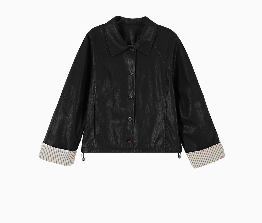 Ladies Modern Leather Jacket with Striped Cuffs Mune Fashion
