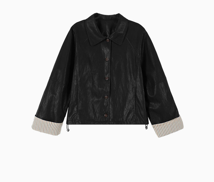 Ladies Modern Leather Jacket with Striped Cuffs Mune Fashion
