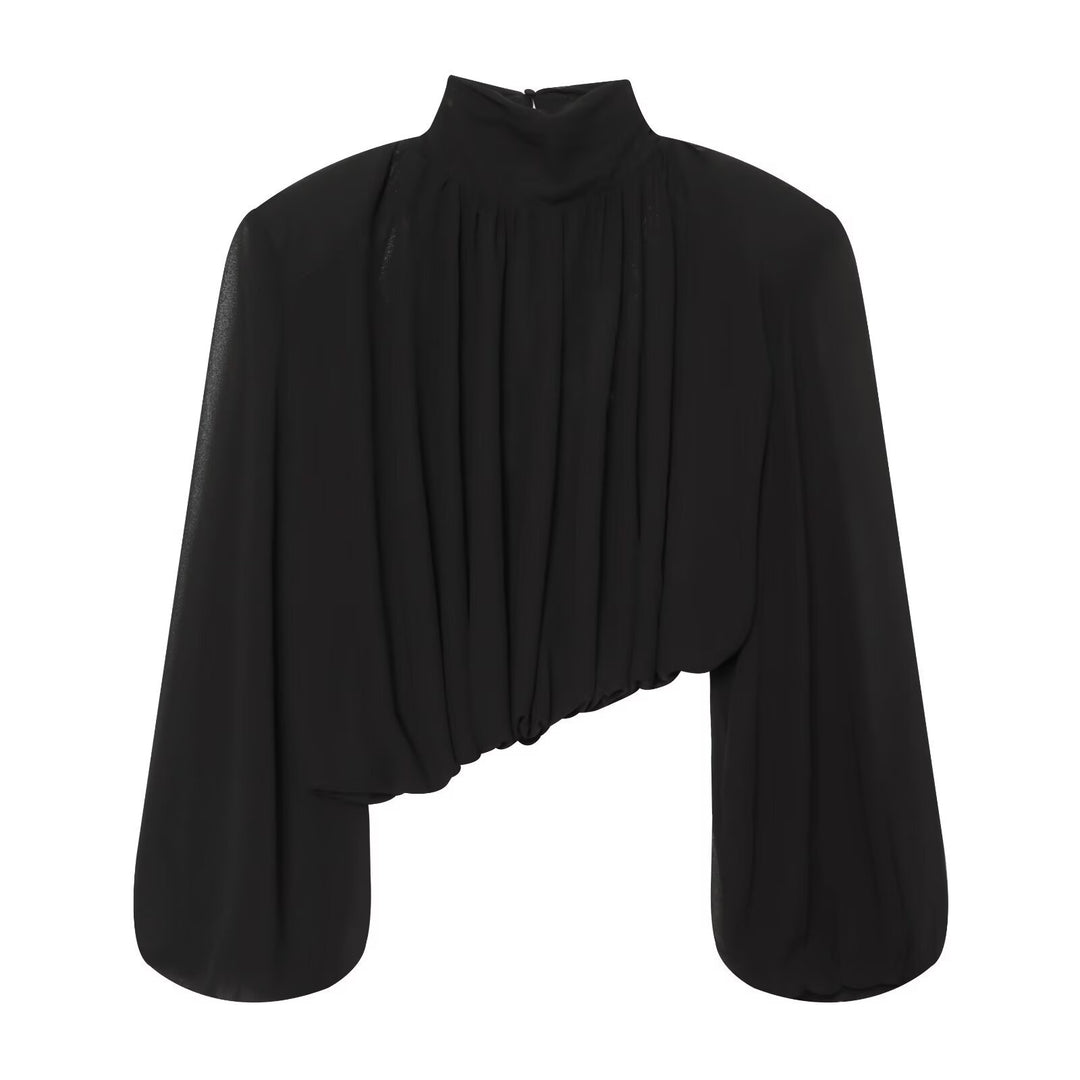 Ladies Pleated Blouse with Stand Collar and Balloon Sleeves Mune Fashion