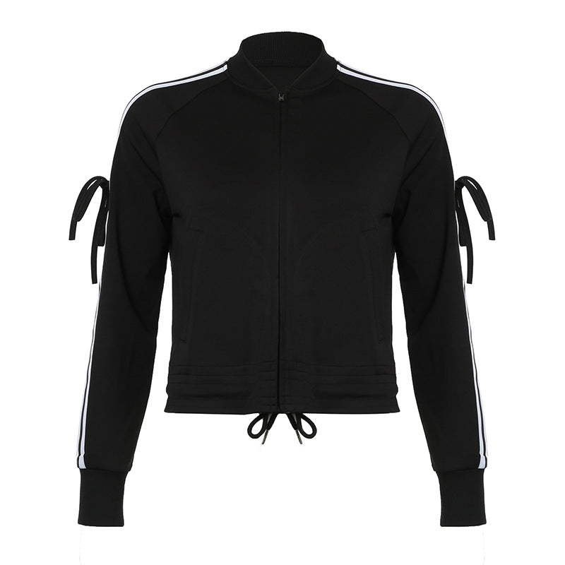 Women's sporty zip jacket in bomber style with side stripes, sleeve ties, and drawstring hem Mune Fashion