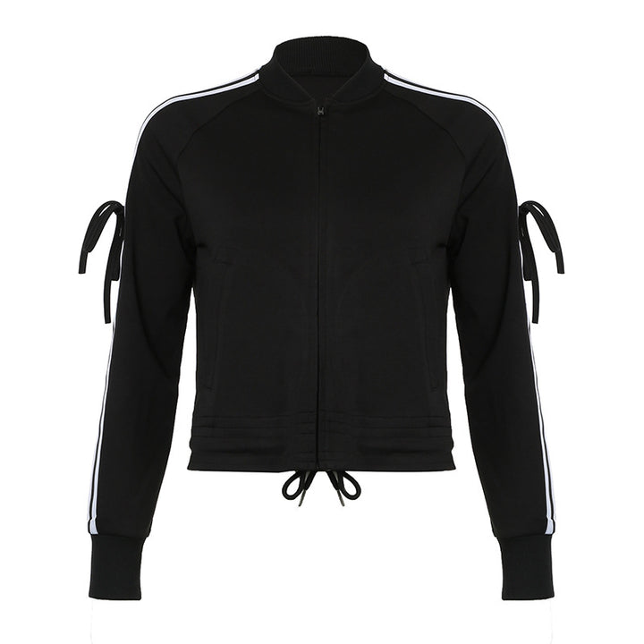 Women's sporty zip jacket in bomber style with side stripes, sleeve ties, and drawstring hem Mune Fashion