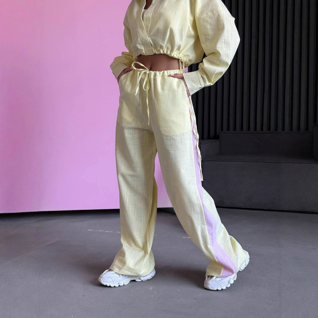 Women's Two-Piece Cotton-Linen Loungewear Set with Cropped Shirt Blouse and Wide Drawstring Pants Mune Fashion