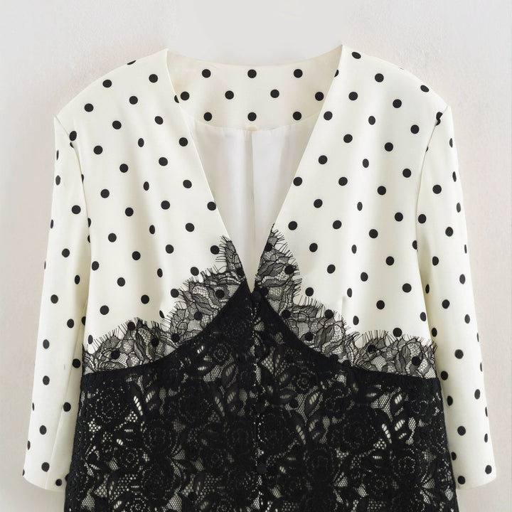 Women Tailored Blazer with Lace Trim and Polka Dot Pattern Drune