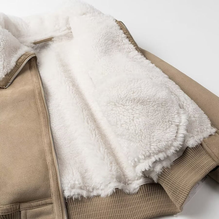 Ladies bomber jacket made of suede imitation with teddy lining and large shawl collar Mune Fashion