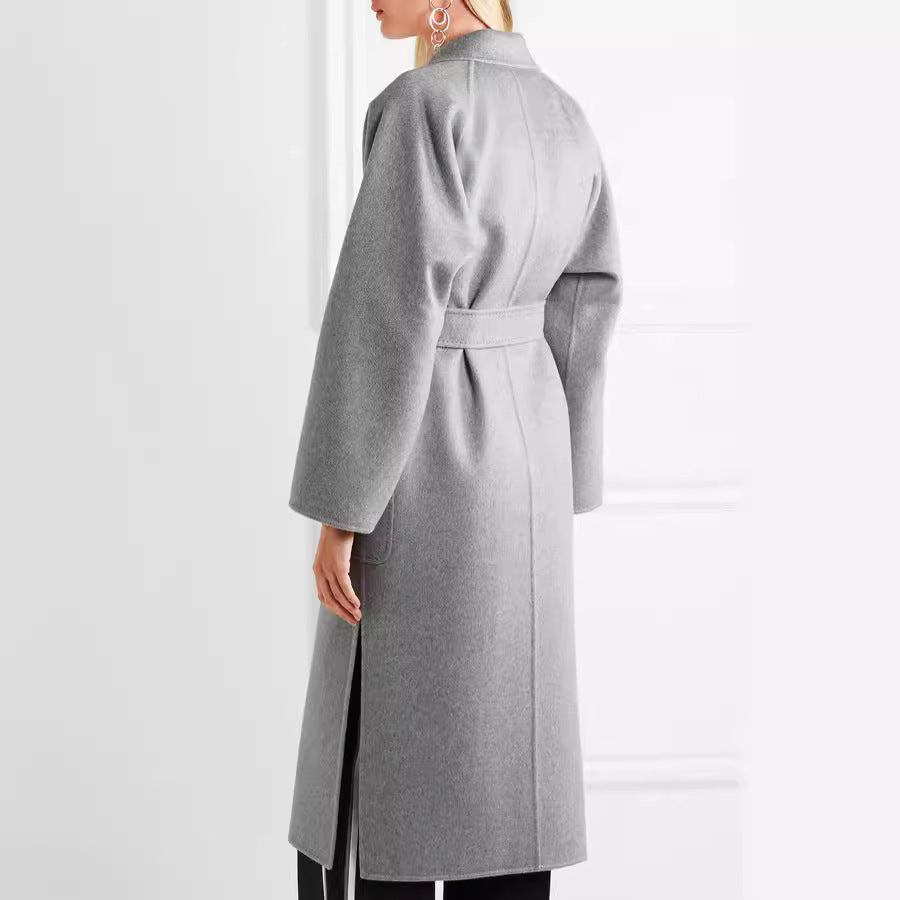 Women's Floor-Length Open Wool Blend Coat with Relaxed Lapels and Flowing Draping Mune Fashion