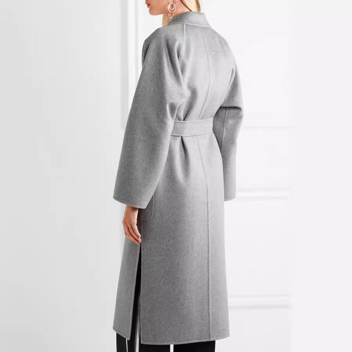 Women's Floor-Length Open Wool Blend Coat with Relaxed Lapels and Flowing Draping Mune Fashion